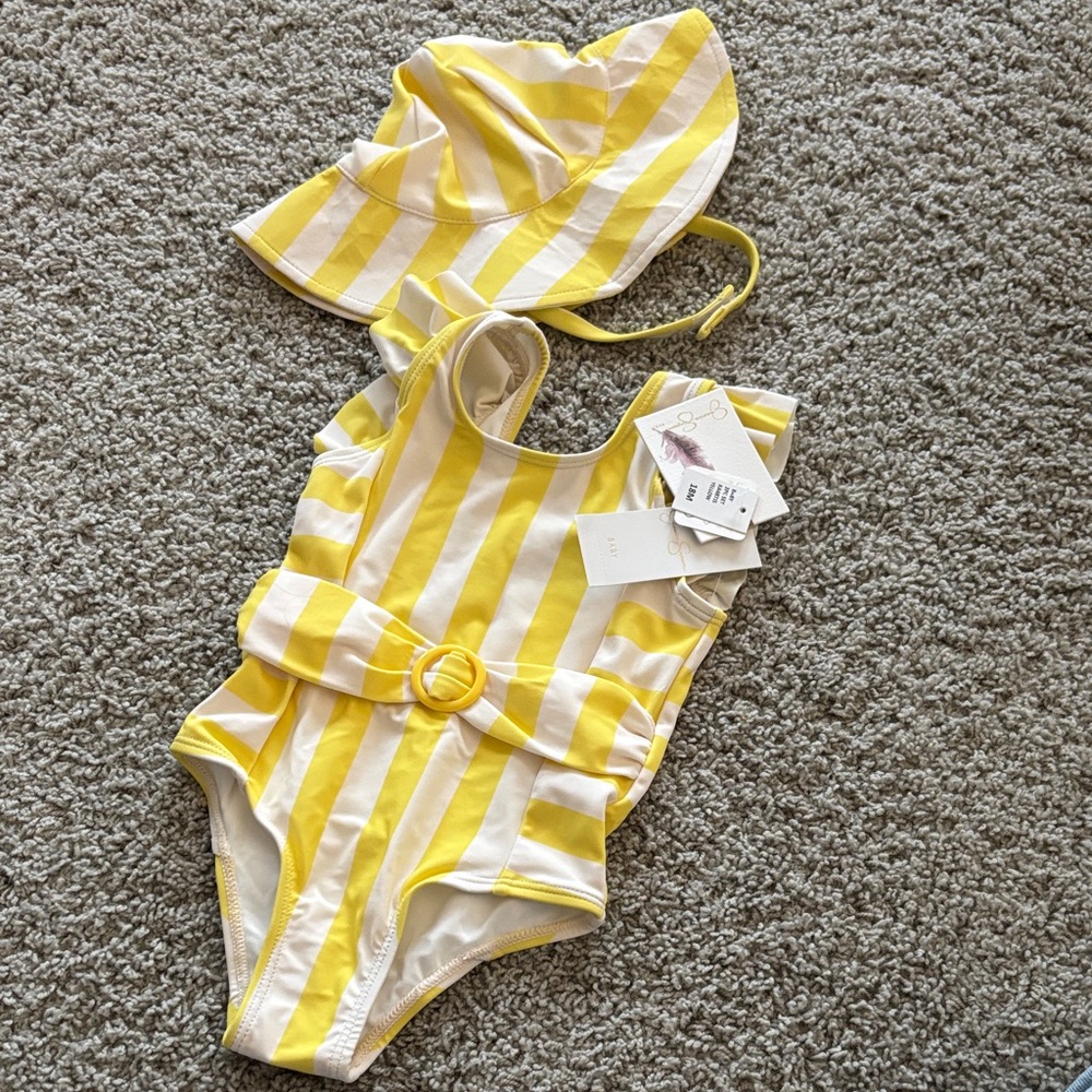 NEW! JS Yellow and White Striped Swimsuit with Hat